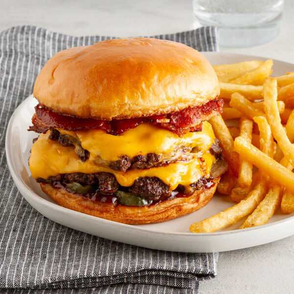 Classic burger and fries on a plate