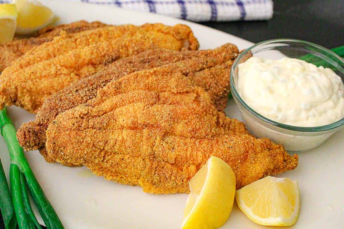 Crispy fried catfish-style plate with fries